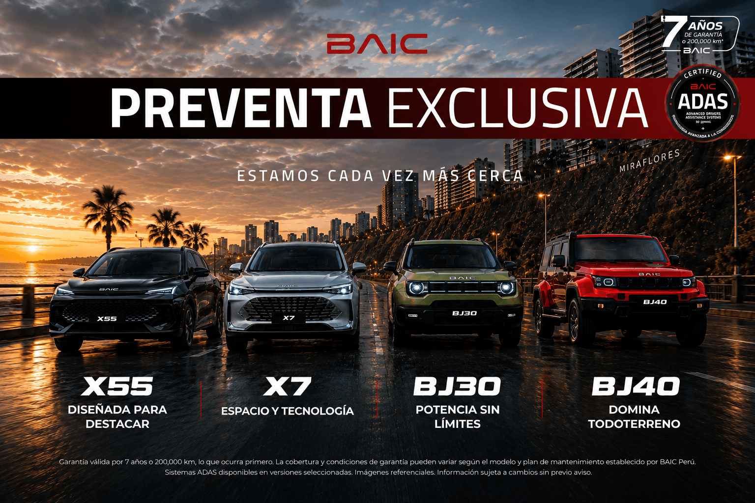 SUV BAIC X55, X7, BJ30 y BJ40 en el malecón de Miraflores, campaña de preventa exclusiva con 7 años de garantía.