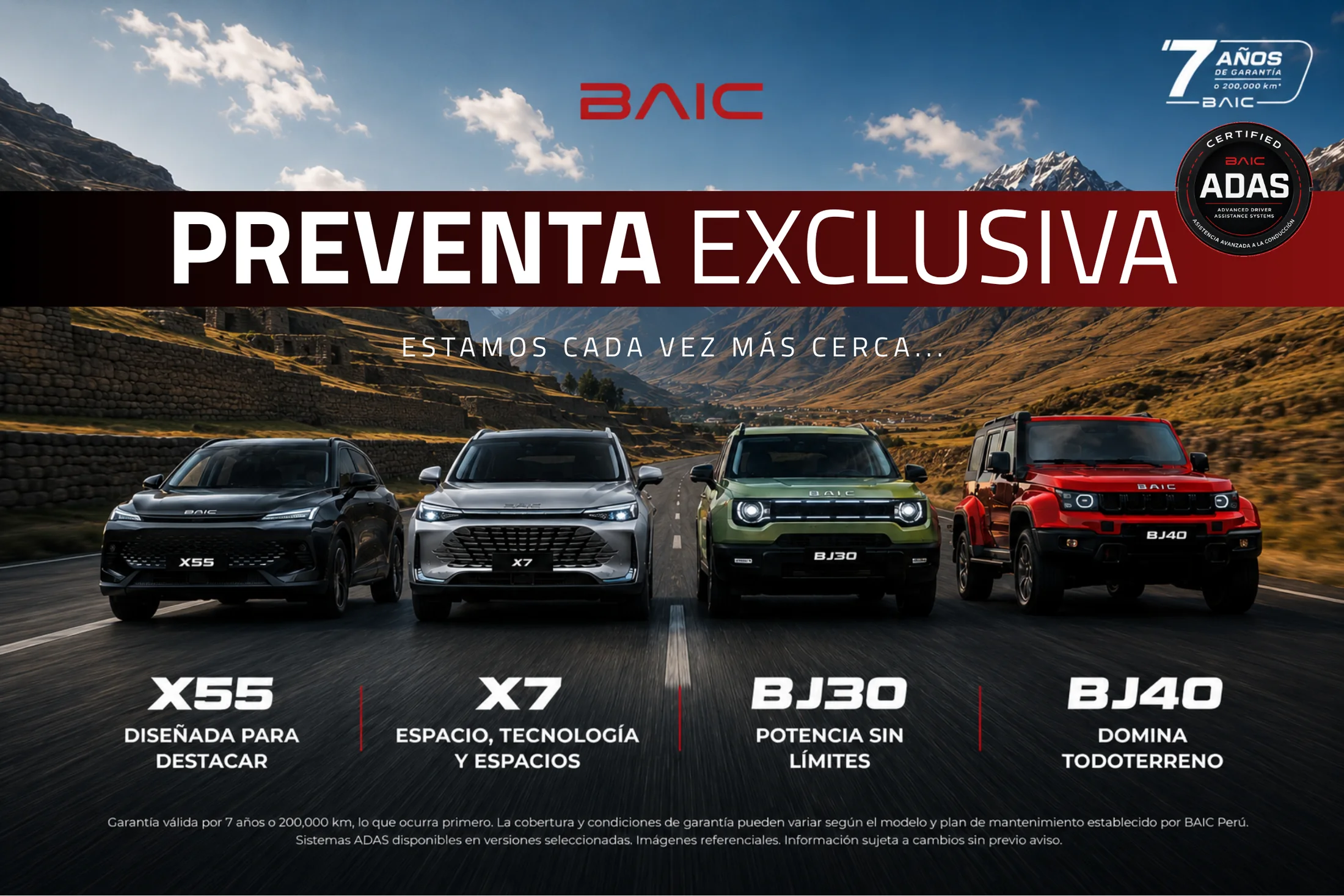 Preventa exclusiva BAIC Perú. Lineup X55, X7, BJ30 y BJ40, con 7 años de garantía y certificación ADAS.